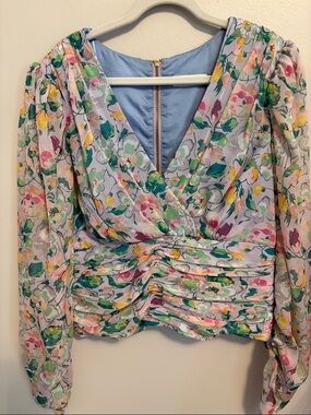 AMUR Pastel Floral Silk V-Neck Ruched Blouse in Light Blue